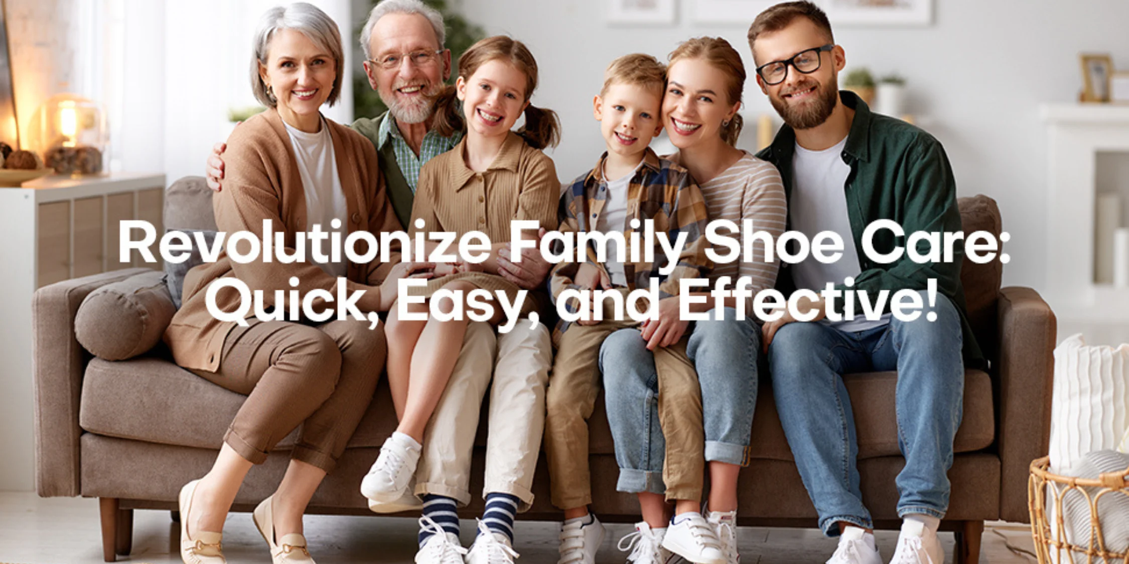 A multigenerational family wearing clean shoes at home